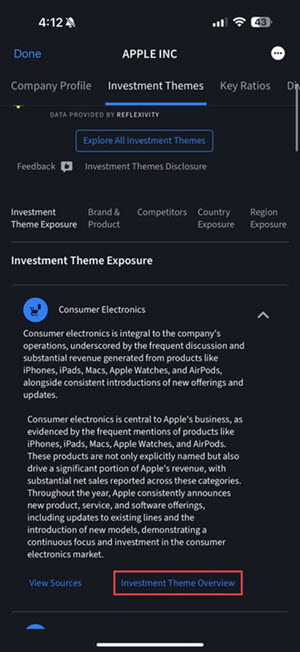 The investment theme overview link on the iPhone